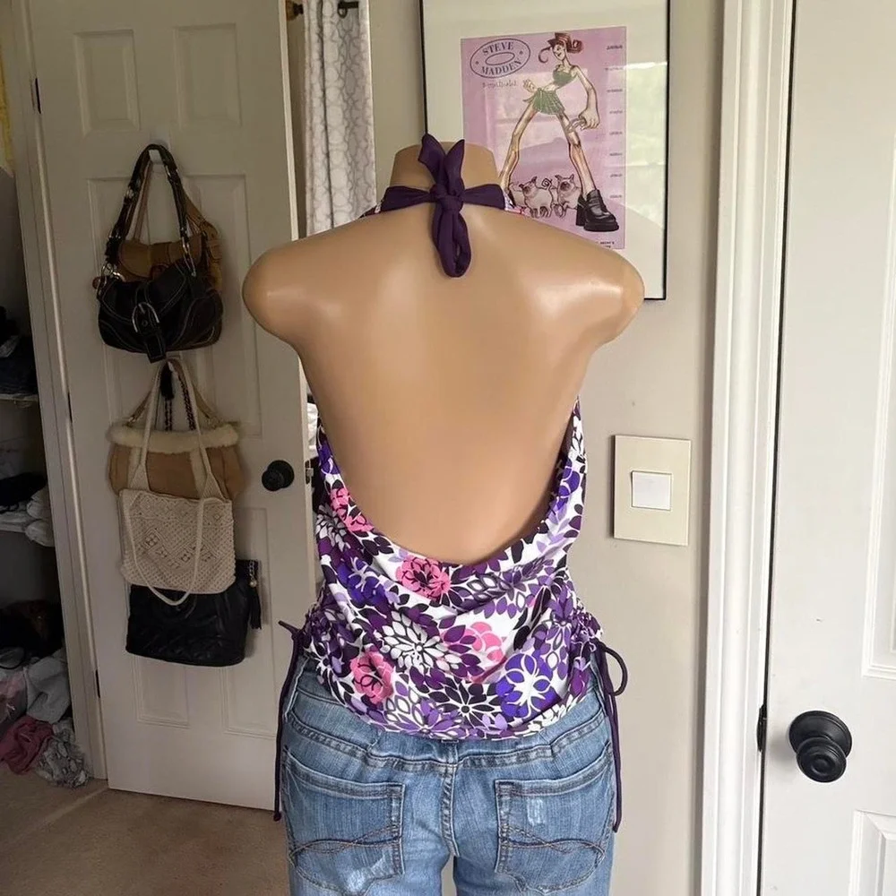 Y2K 2000s Purple Floral Halter Top
